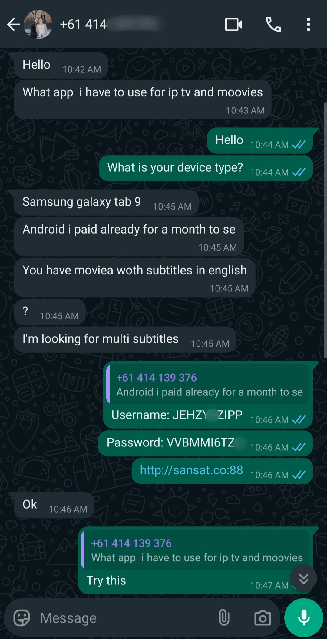 A WhatsApp chat shows a user asking for an app to watch IPTV Latino and movies on a Samsung Galaxy Tab 9. The other person replies with login details, a link, and instructions to try the app for movies with subtitles.