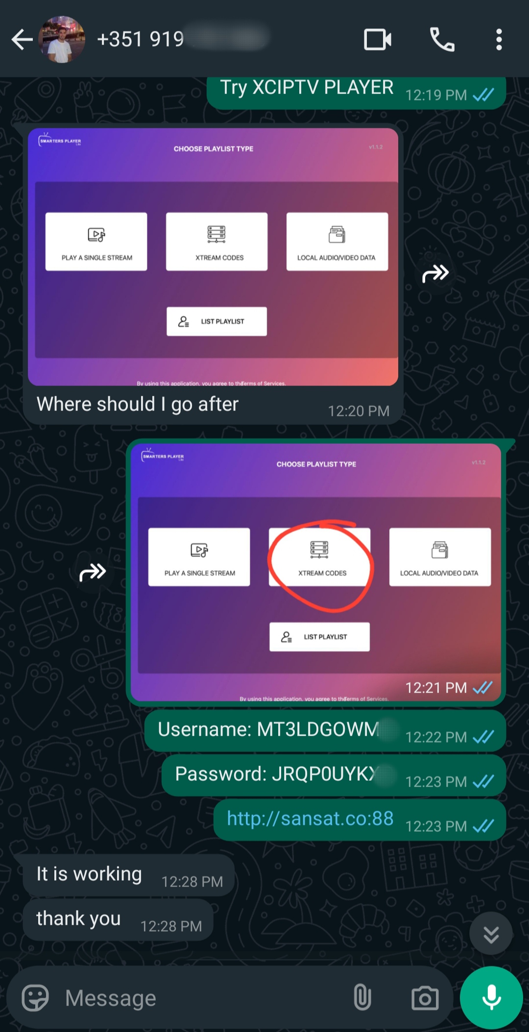 A WhatsApp chat shows IPTV Latino setup instructions for an IPTV player. Screenshots highlight the “Xtream Codes” option, while messages share login details. The user confirms it is working and thanks the sender.