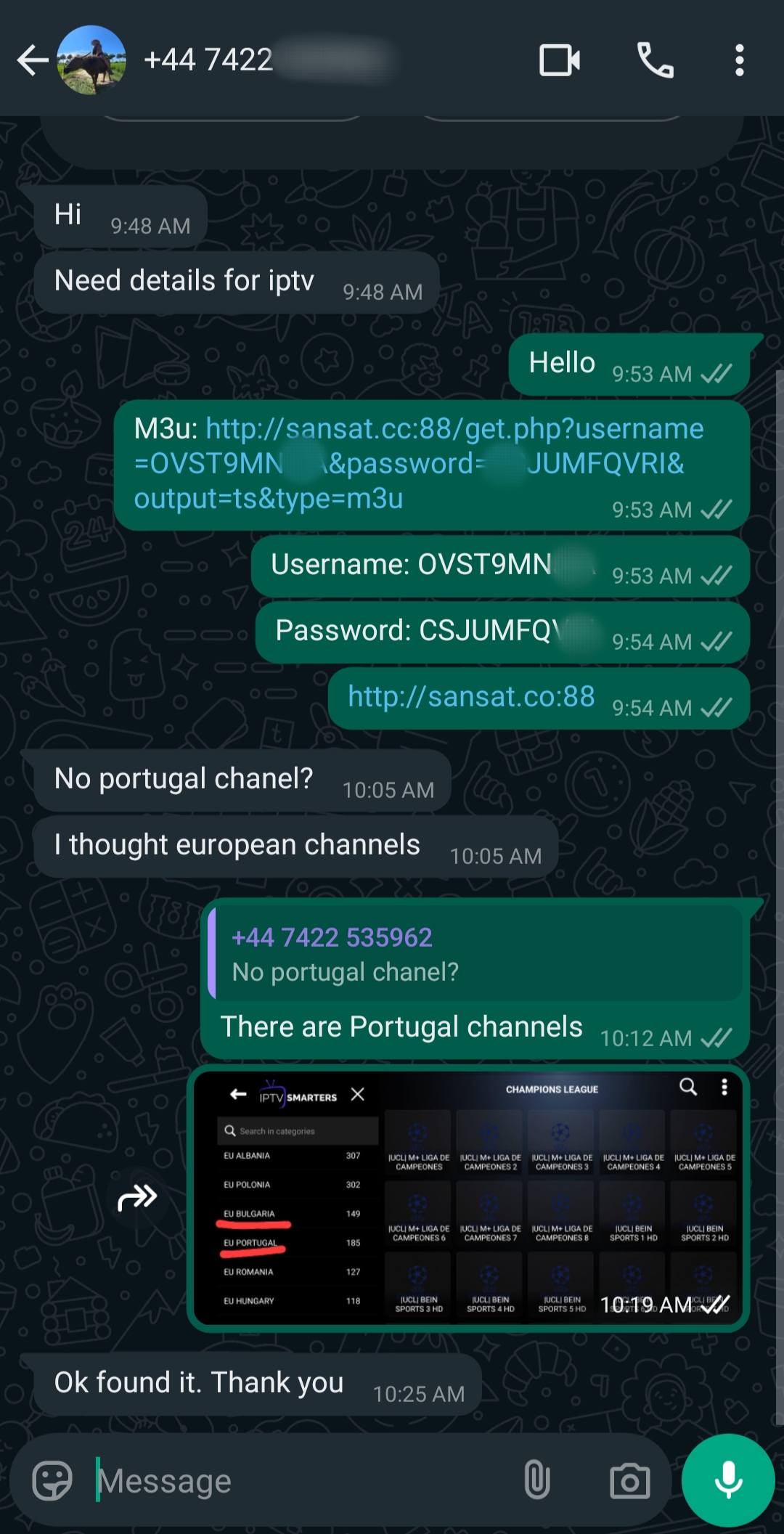 A WhatsApp chat shows a conversation about IPTV Latino details. One person shares a username, password, and a link. The other asks about Portugal channels and receives confirmation with a screenshot showing TV channels.