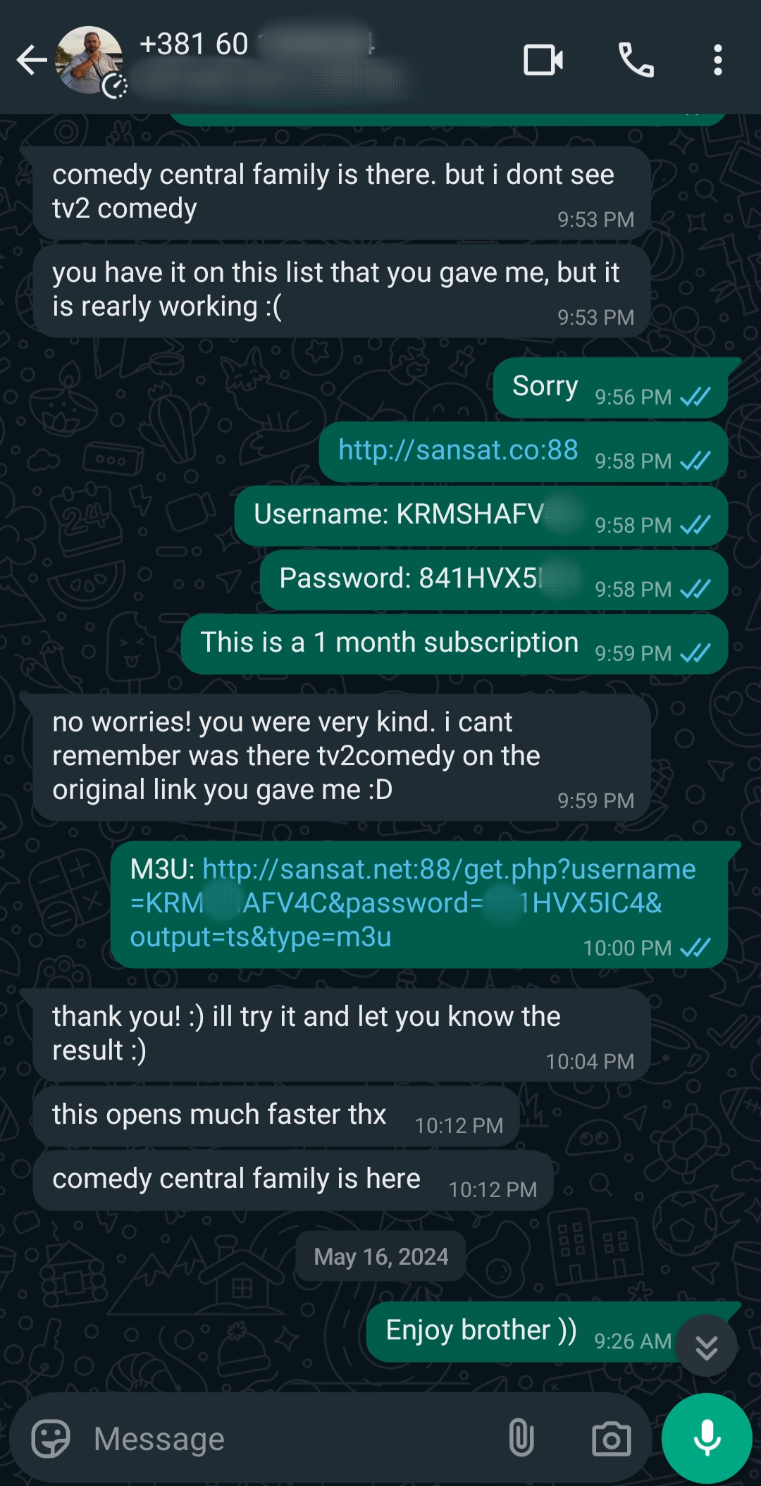 A WhatsApp chat shows a user receiving IPTV Latino login credentials and a streaming link for sansat.co. The sender guides the user through accessing TV2 Comedy. The conversation ends with the user confirming it works.