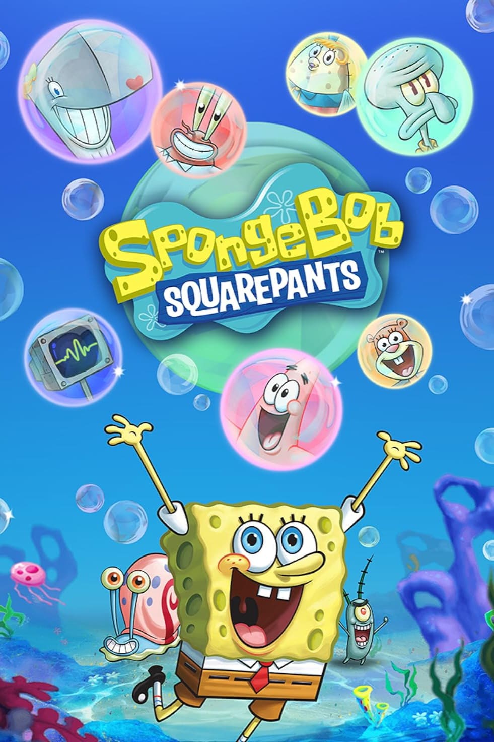 Colorful SpongeBob SquarePants poster featuring SpongeBob joyfully jumping underwater, with bubbles showing main characters: Patrick, Squidward, Sandy, Mr. Krabs, Plankton, Pearl, and Gary—perfect for fans streaming on IPTV Latino. The logo is in the center.
