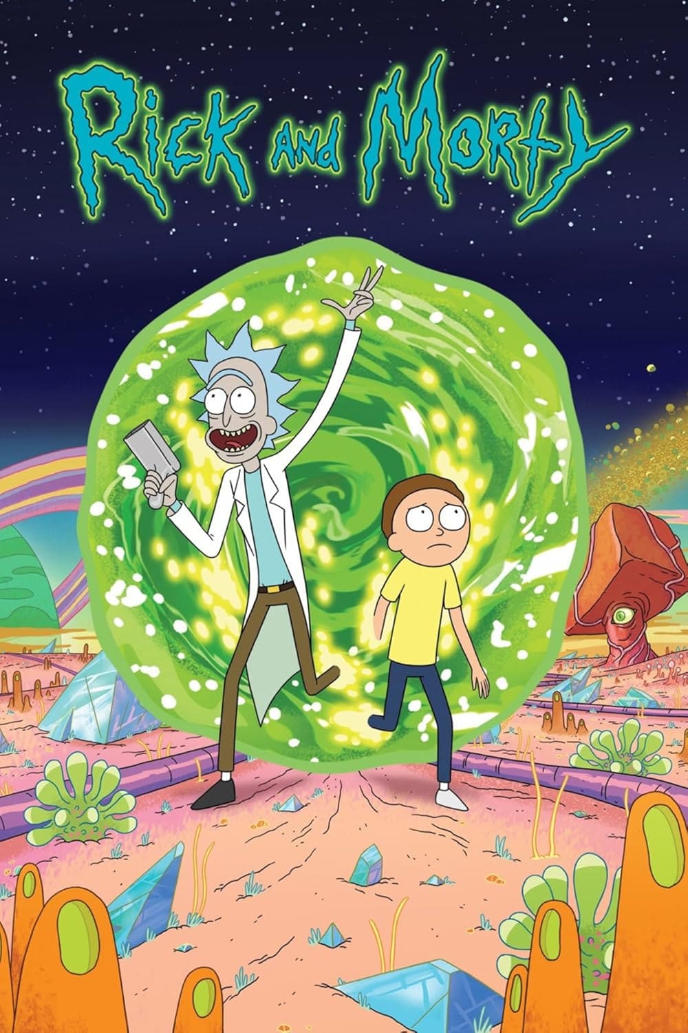 Rick, a tall older man with spiky blue hair and a lab coat, and Morty, a shorter boy, step through a glowing green portal in an alien landscape filled with crystals and colorful plants. Above them, Rick and Morty IPTV Latino is written.