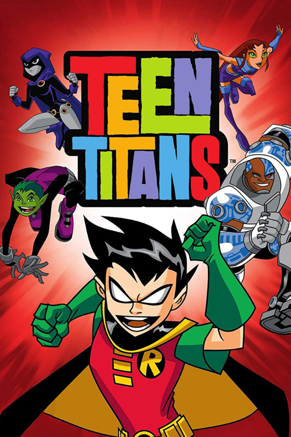 Five animated Teen Titans characters—Robin, Starfire, Cyborg, Raven, and Beast Boy—pose heroically in front of a bold IPTV Latino “TEEN TITANS” logo on a bright red background.