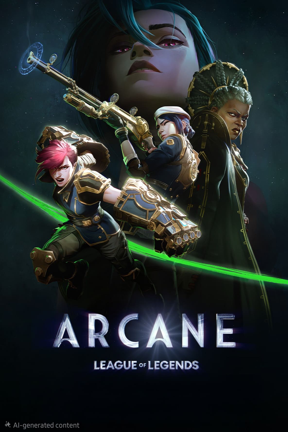Three characters in dynamic poses with weapons stand before a large, intense face. The text ARCANE LEAGUE OF LEGENDS is at the bottom, set against a dark, mysterious background with IPTV Latino and a green light cutting across the image.