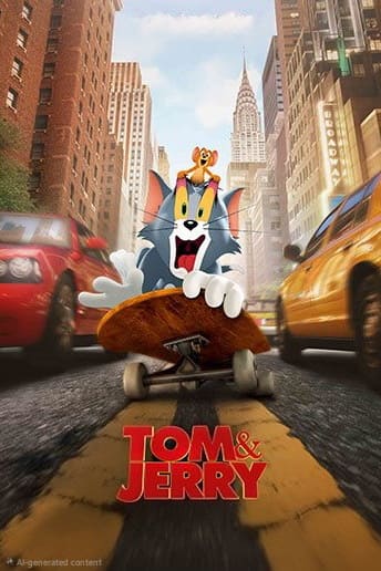 Tom, a cartoon cat, rides a skateboard down a busy city street with skyscrapers, looking surprised. Jerry, a small cartoon mouse, stands on Tom’s head. The Tom & Jerry logo and IPTV Latino branding appear at the bottom.