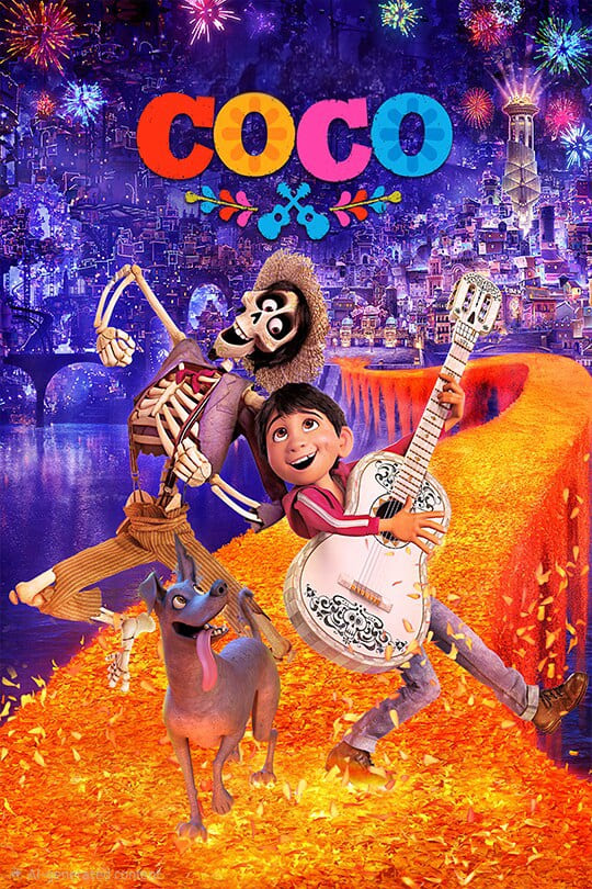 Poster for the animated film Coco showing a boy playing a white guitar, a skeleton in a hat dancing, and a dog on a vibrant path of marigold petals, with IPTV Latino streams lighting up the colorful city and fireworks in the background.
