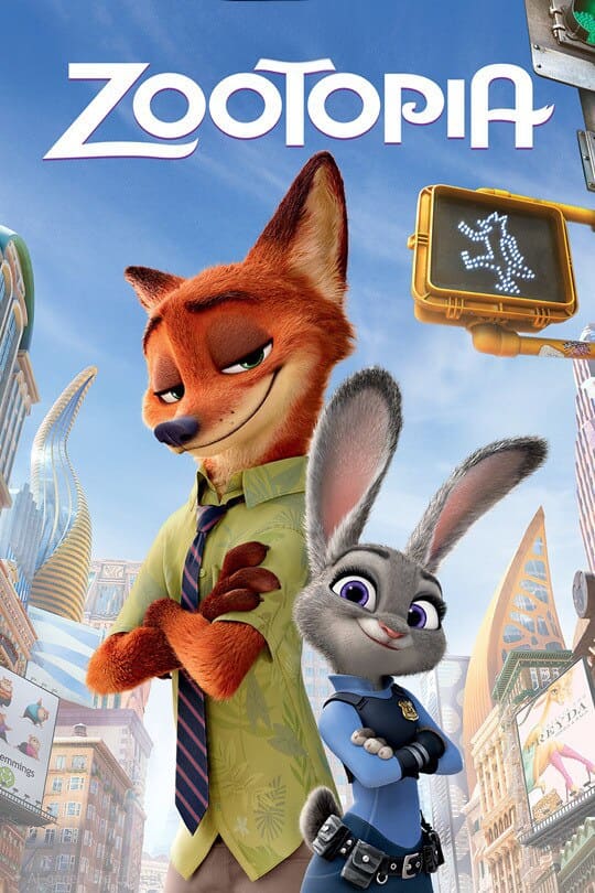 A fox in a green shirt and tie stands confidently with arms crossed beside a smiling rabbit in a police uniform. Tall city buildings and a crosswalk sign are in the background. The word Zootopia and IPTV Latino appear at the top.