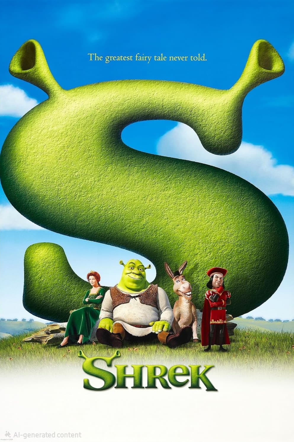 Movie poster for Shrek featuring a large green letter S with ogre ears. Below it, Fiona, Shrek, Donkey, and Lord Farquaad are on the grass beneath a blue sky. Text reads: The greatest fairy tale never told. Streaming now on IPTV Latino.