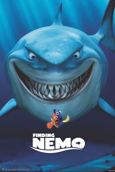 Movie poster for Finding Nemo showing a large, smiling blue shark with sharp teeth looming over two frightened cartoon fish, one orange and one blue, swimming below. The film title is at the bottom—now streaming on IPTV Latino.