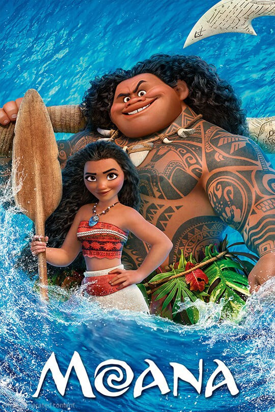 Animated poster of Disney’s Moana, showing Moana holding an oar in front of Maui with his long hair and tribal tattoos, against waves and a blue sea background. Stream Moana on IPTV Latino; movie title appears at the bottom.