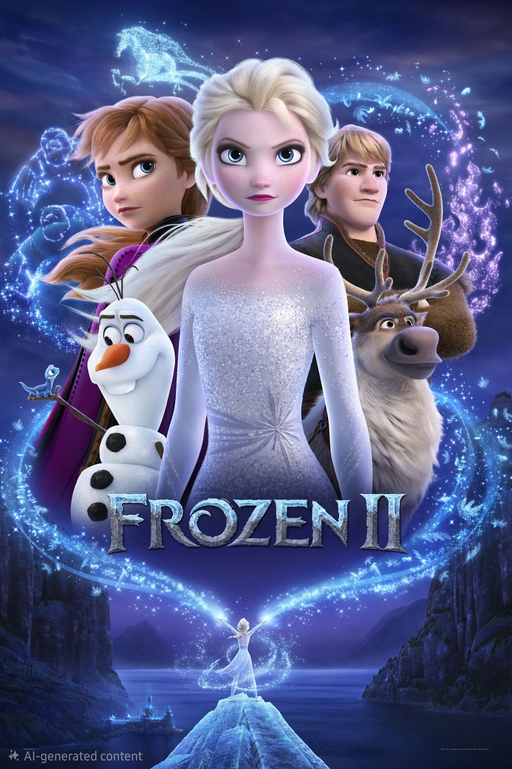 Poster for Frozen II featuring Elsa in the center, joined by Anna, Kristoff, Olaf the snowman, and Sven the reindeer amid magical blue swirls and snowflakes, with mountains and an icy river—now streaming on IPTV Latino.