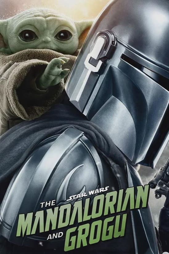 A close-up of the Mandalorian in silver armor and helmet holding Grogu (Baby Yoda), with the text The Mandalorian and Grogu, the Star Wars logo, and an IPTV Latino overlay featured at the bottom.