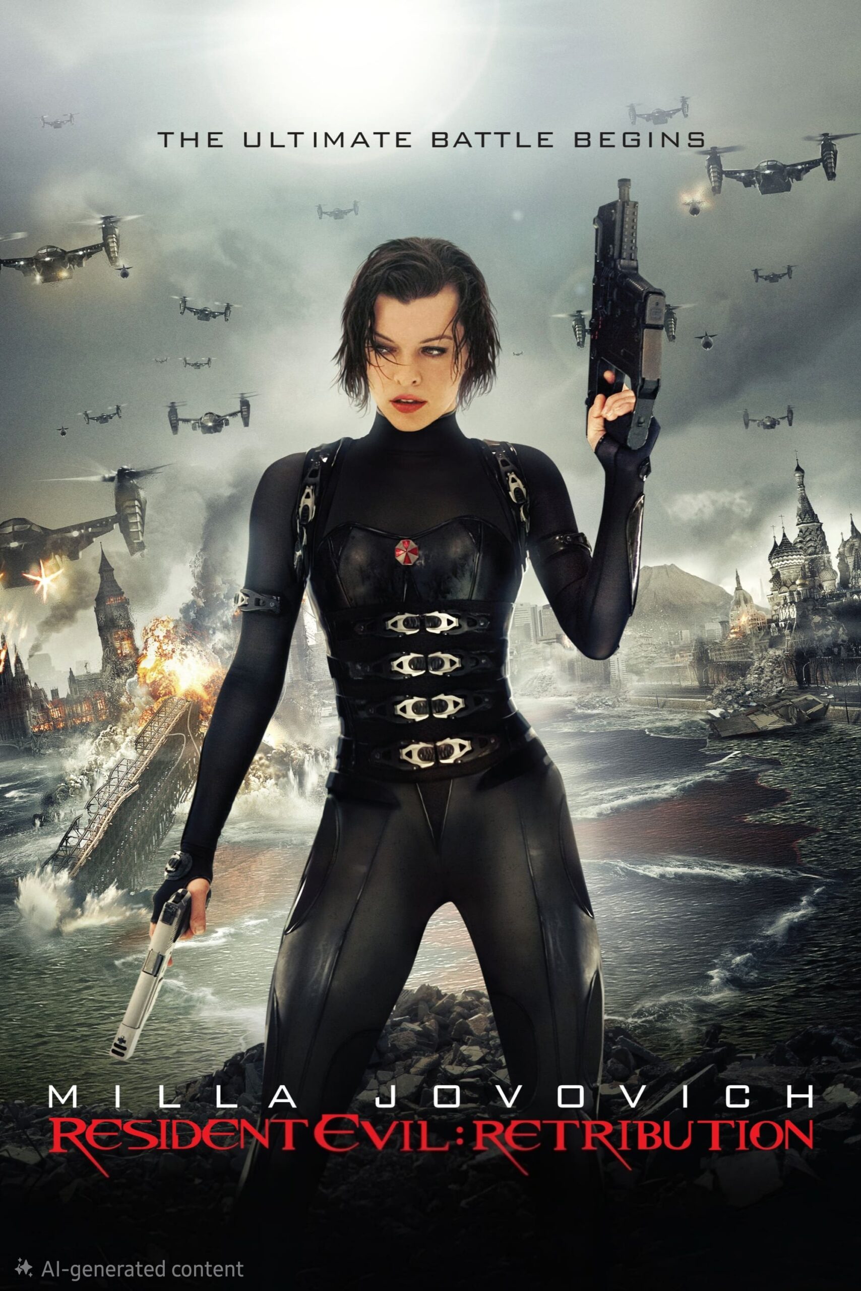 A woman in a black combat suit holds guns amid destruction, flying ships, and explosions. The text reads Milla Jovovich, Resident Evil: Retribution. Chaos reigns over the city under attack—now streaming on IPTV Latino.