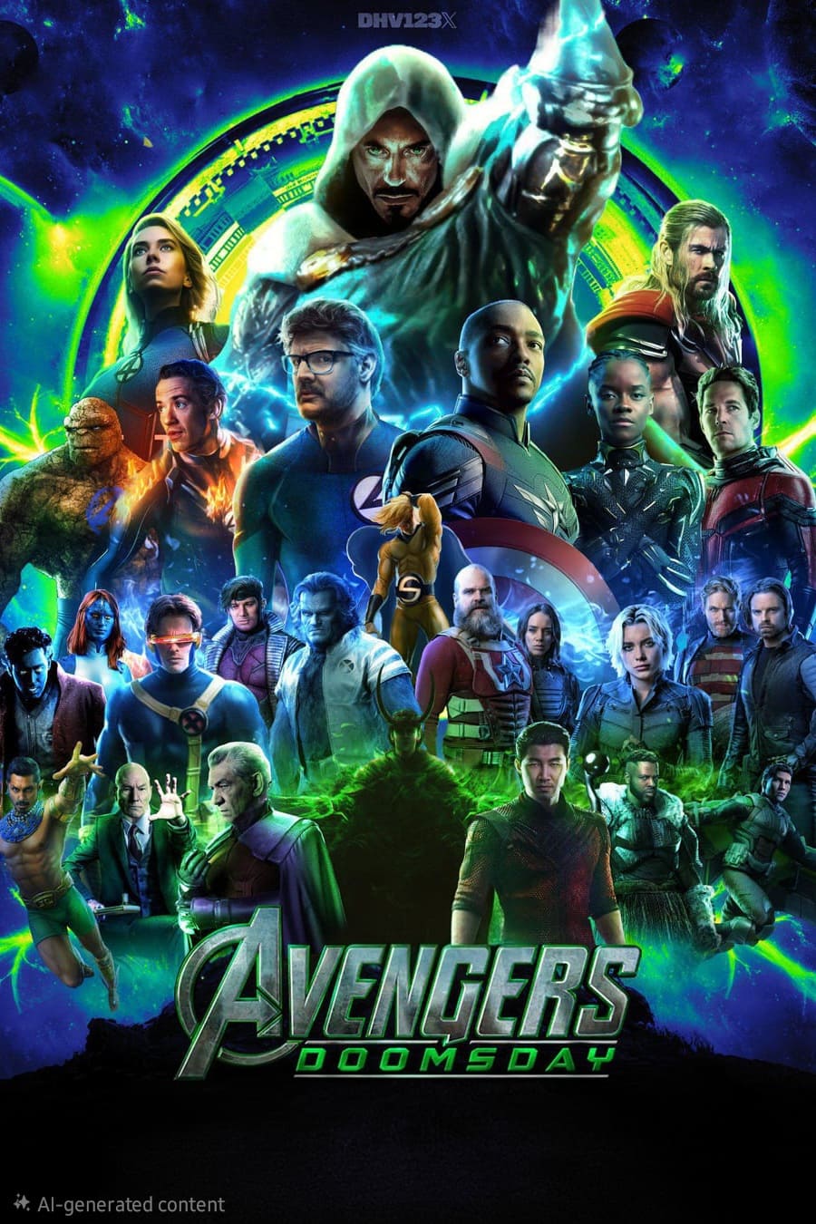 A vibrant fan-made poster features numerous Marvel superheroes, including characters resembling the Avengers, standing together with a hooded villain looming above them. The cosmic green backdrop and “Avengers: Doomsday” title add IPTV Latino flair to the scene.