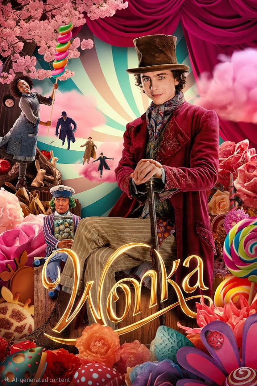 A young man in a top hat and red coat holds a cane, surrounded by colorful candy and whimsical scenes. The word Wonka is written in gold at the bottom, with vibrant swirls, sweets, and an IPTV Latino twist to the backdrop.