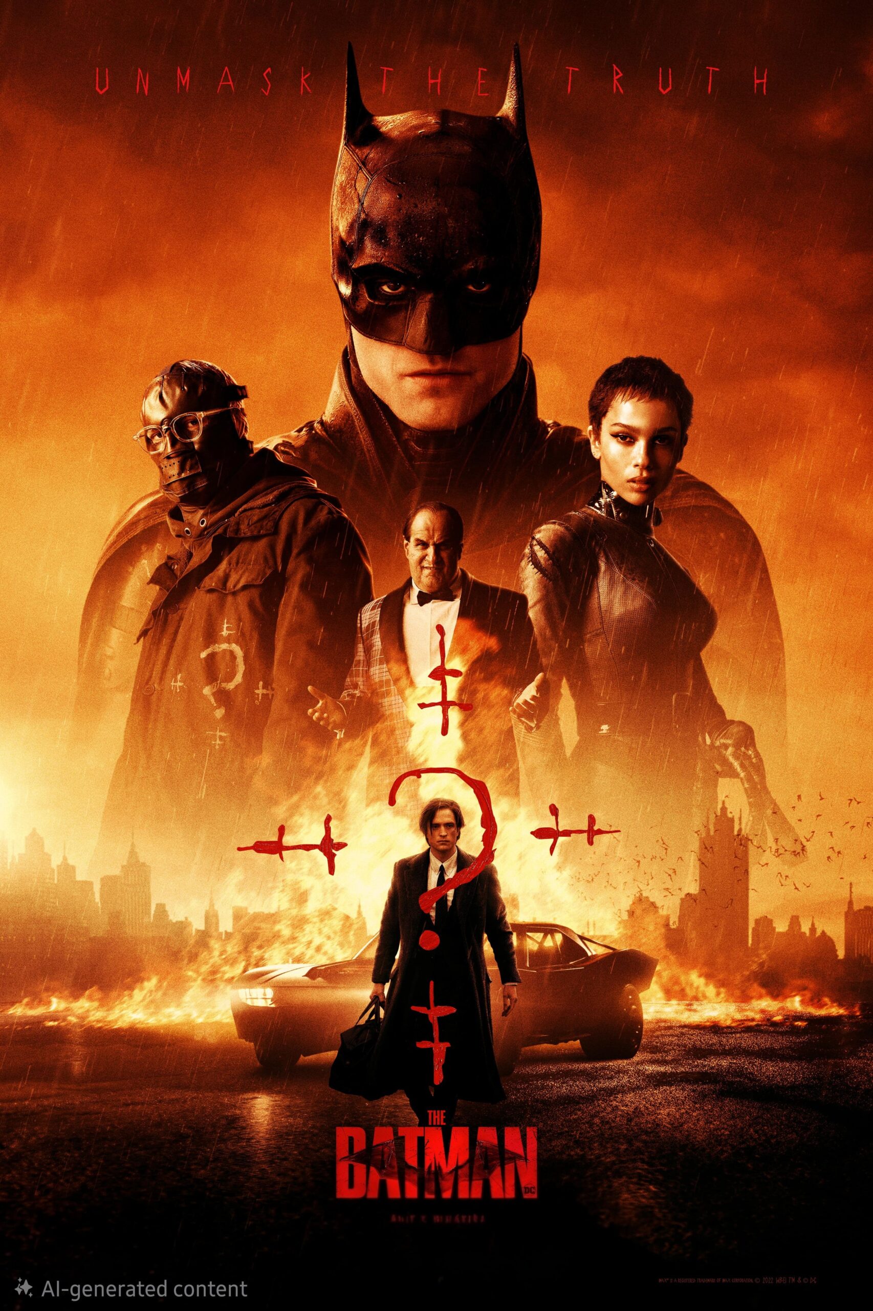 Movie poster for The Batman featuring Batman, Catwoman, Riddler, and others against a red-orange cityscape, with the tagline Unmask The Truth and a large question mark at the center—now streaming on IPTV Latino.