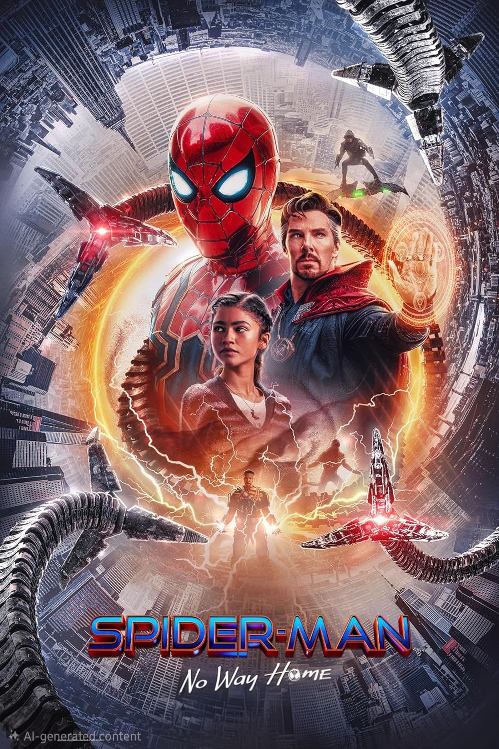 Movie poster for Spider-Man: No Way Home featuring Spider-Man, Doctor Strange, and MJ surrounded by cityscapes, magical effects, and mechanical arms, with the film title at the bottom—perfect for IPTV Latino movie fans.