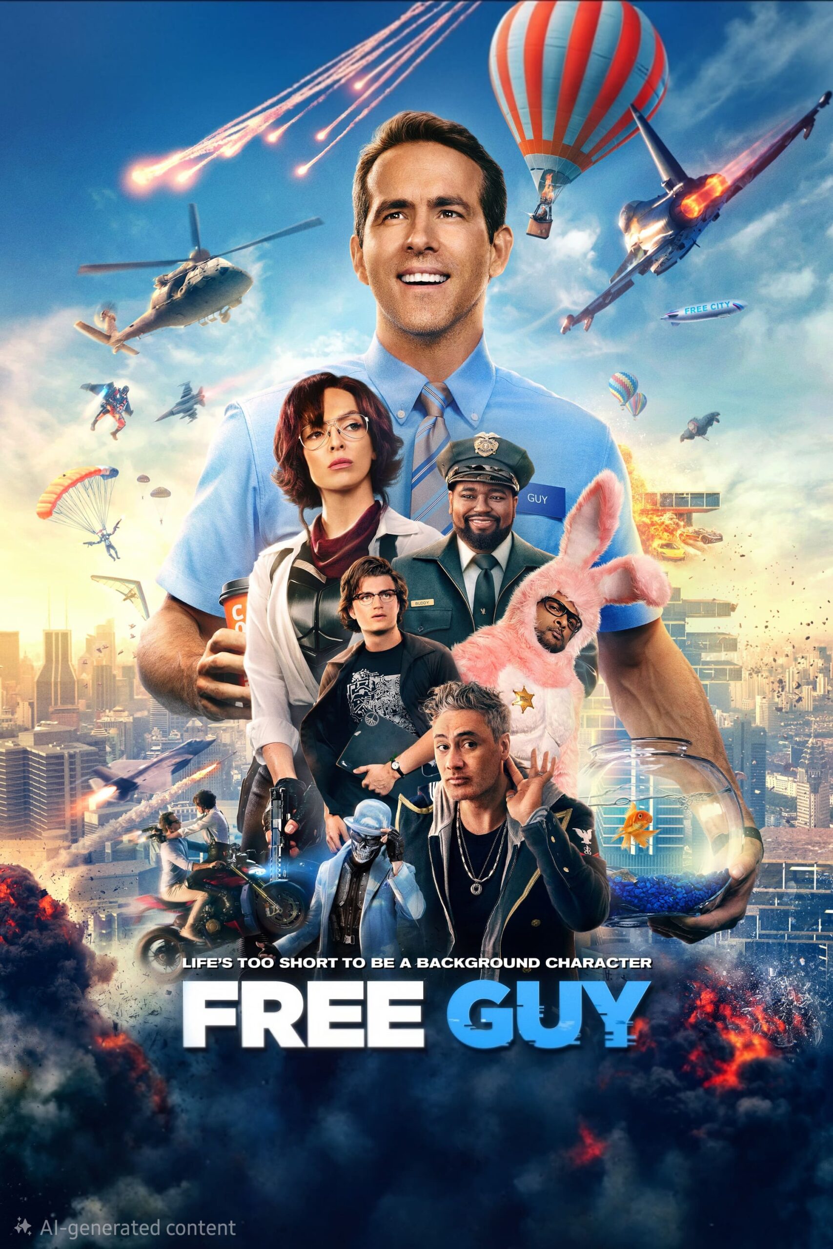 A smiling man in a blue shirt and tie stands above a city with helicopters, explosions, and parachutes in the sky. Below him are various characters, with the text "Free Guy" and an IPTV Latino logo featured prominently.