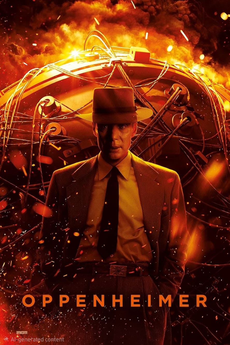 A man in a suit and fedora stands before a fiery explosion with wires and scientific equipment, evoking intense tension. The word “Oppenheimer” and the IPTV Latino logo appear at the bottom of the image.