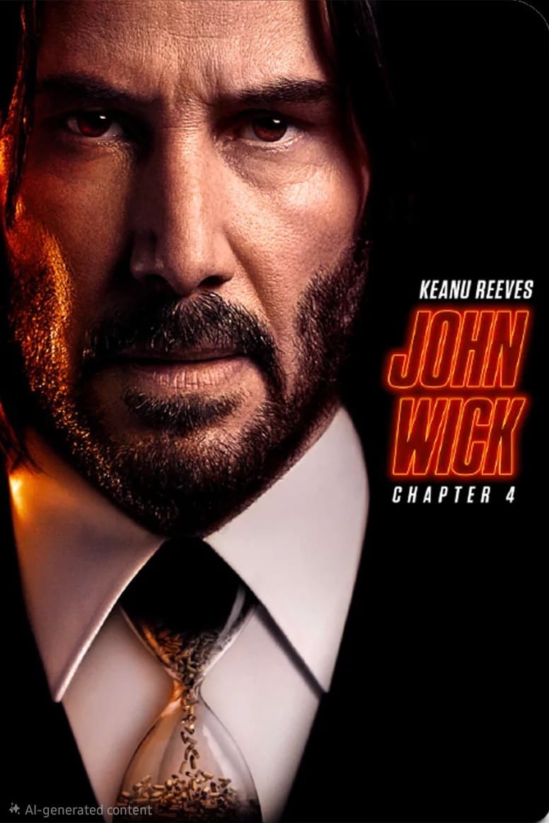 Close-up of a serious man with long hair and a beard, wearing a suit and tie. Text reads: Keanu Reeves John Wick Chapter 4 in bold red and orange letters, now streaming on IPTV Latino.