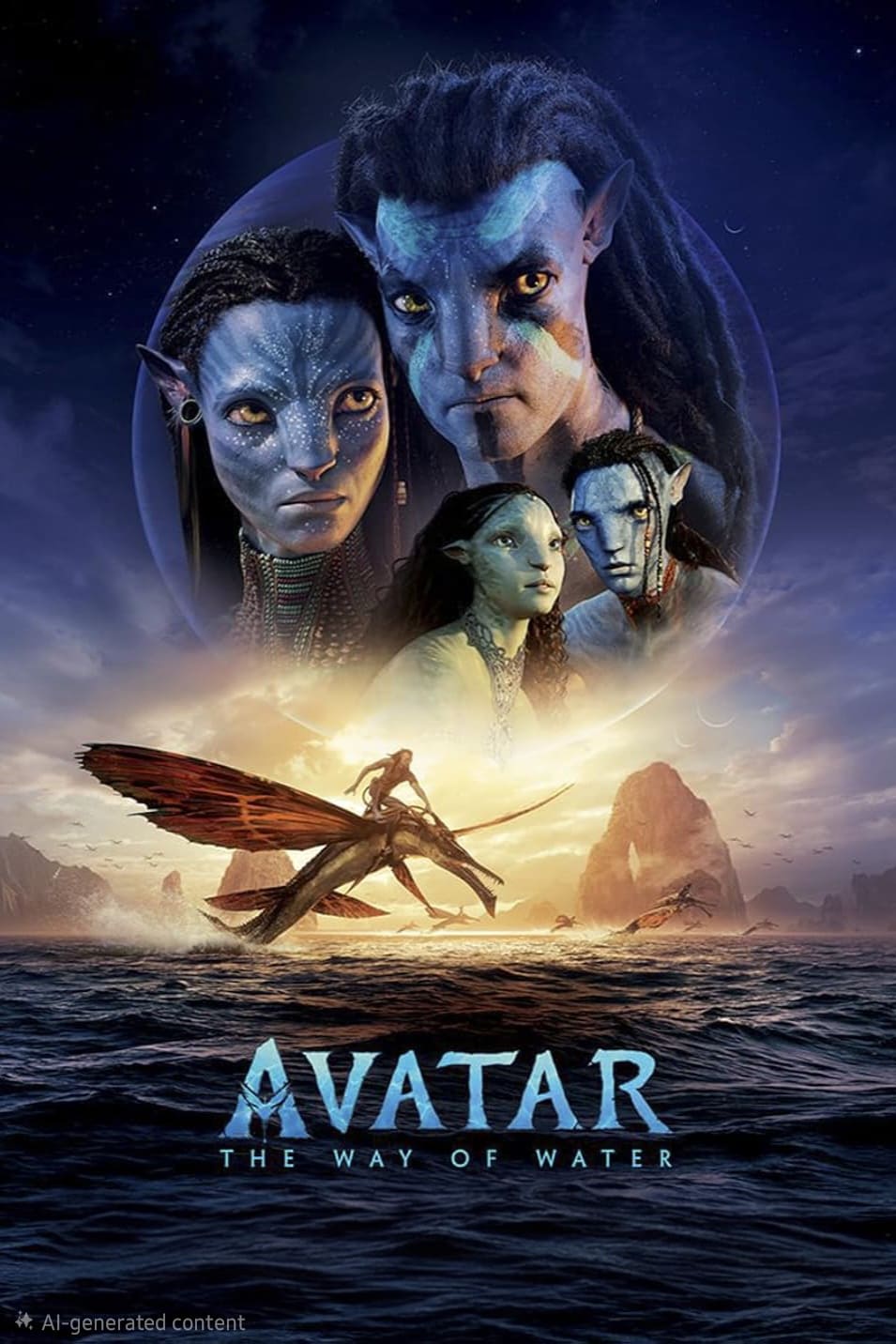 Movie poster for “Avatar: The Way of Water” featuring four blue-skinned Na’vi characters above a scene of a Na’vi riding a flying creature over the ocean, with IPTV Latino streaming options for fans to enjoy this epic adventure.