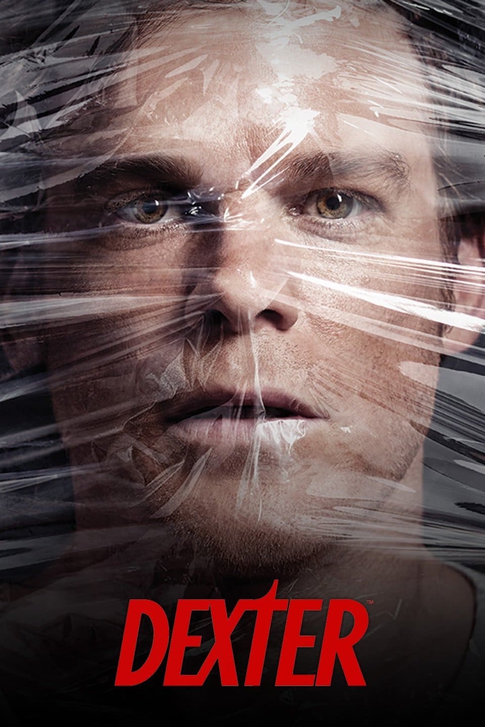 A close-up of a man's face tightly wrapped in clear plastic wrap, looking intensely forward. The word DEXTER in bold red letters is at the bottom, with IPTV Latino featured subtly as part of the design.