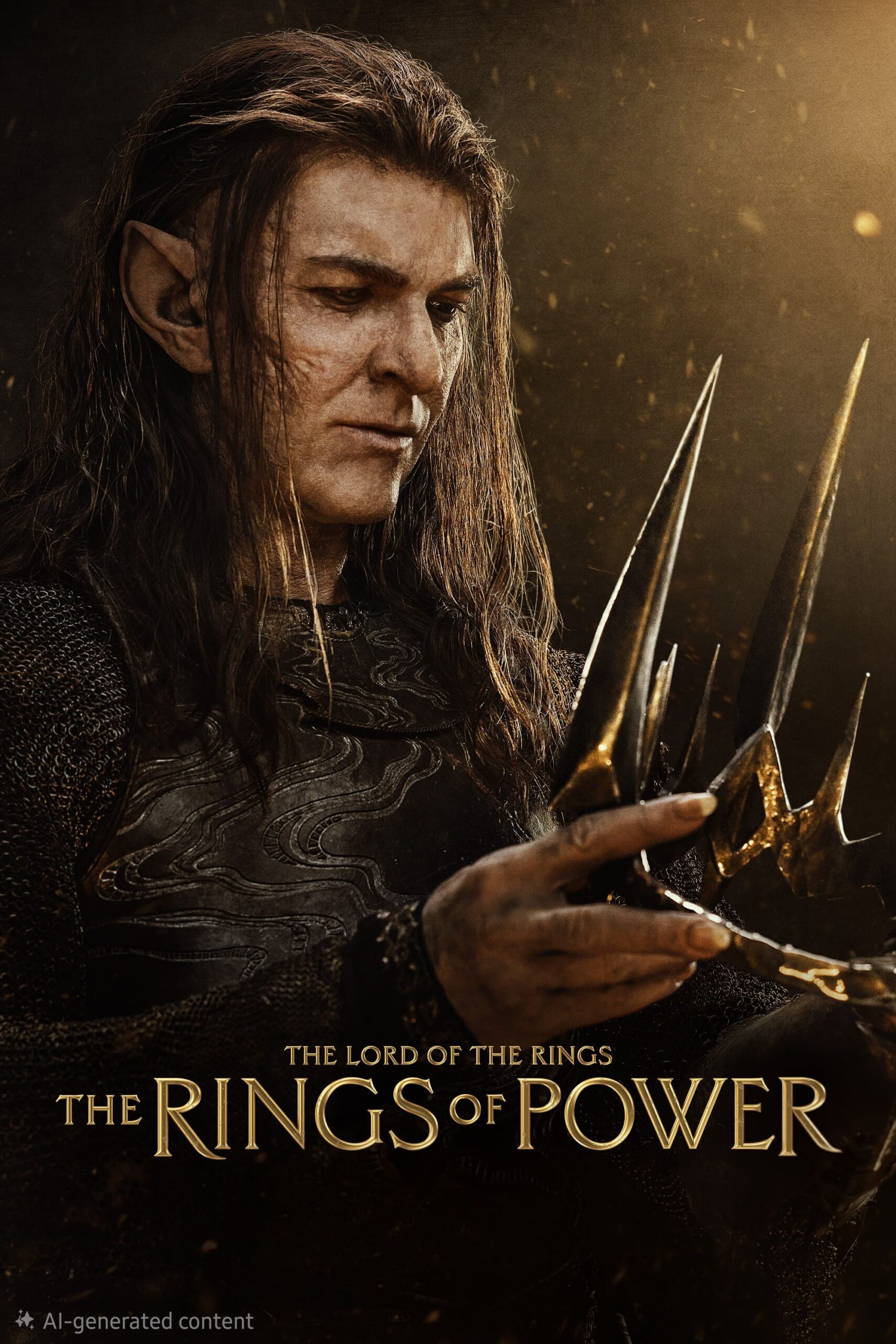 A fantasy character with pointed ears and long, dark hair examines a spiked, metallic crown. He wears dark armor. The text reads, “THE LORD OF THE RINGS: THE RINGS OF POWER” with an IPTV Latino overlay on the dark and golden background.