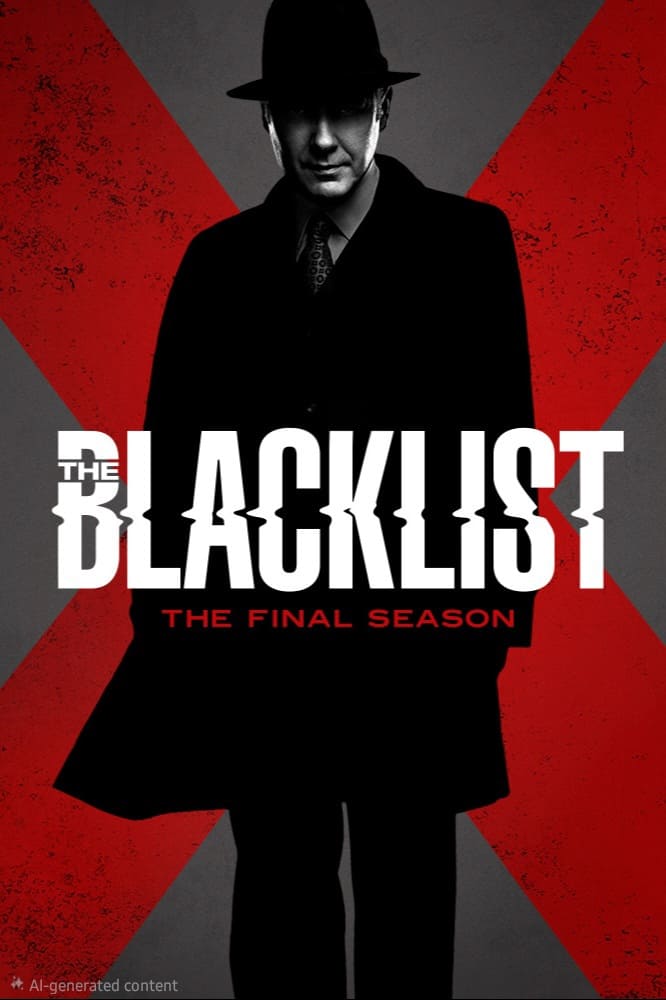 A shadowy figure in a dark coat and hat stands in front of a large red X. The text reads The Blacklist: The Final Season, streaming now on IPTV Latino.