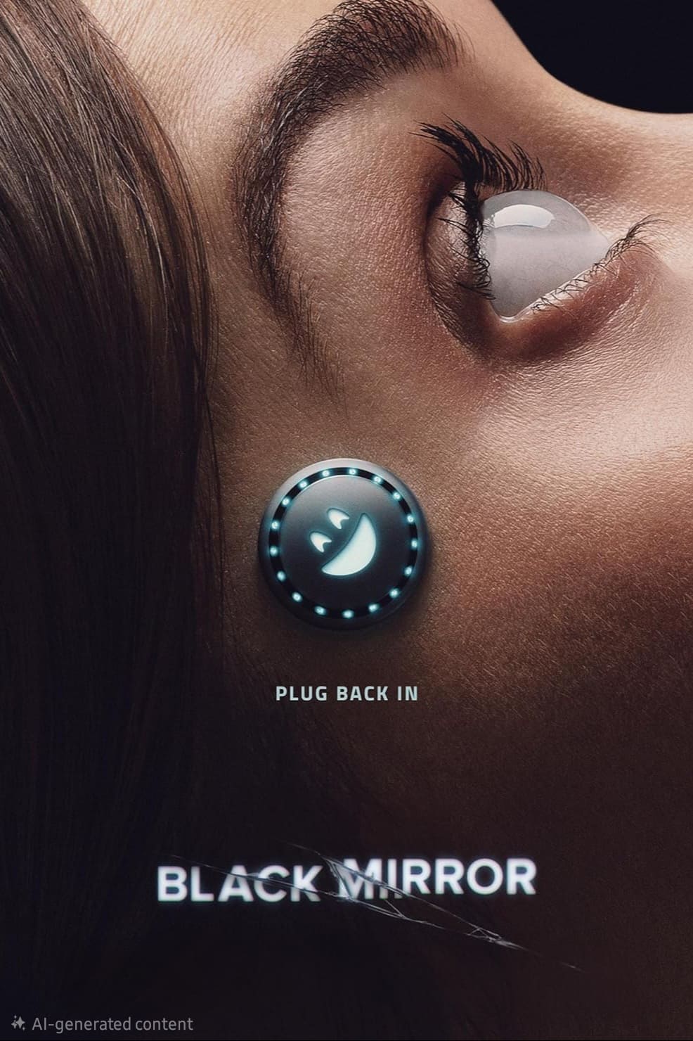 A close-up of a person's face with a glowing, circular device featuring a smiley face attached behind their ear. Text reads PLUG BACK IN, BLACK MIRROR, and IPTV Latino. The image has a futuristic, digital theme.
