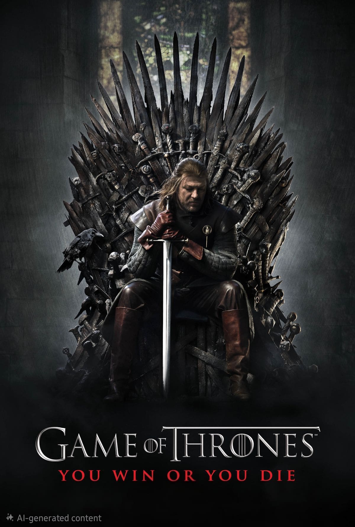 A man in medieval armor sits on a spiked throne of swords, sword tip resting on the ground. The dark, misty backdrop features text: Game of Thrones: You win or you die. Stream epic battles with IPTV Latino.