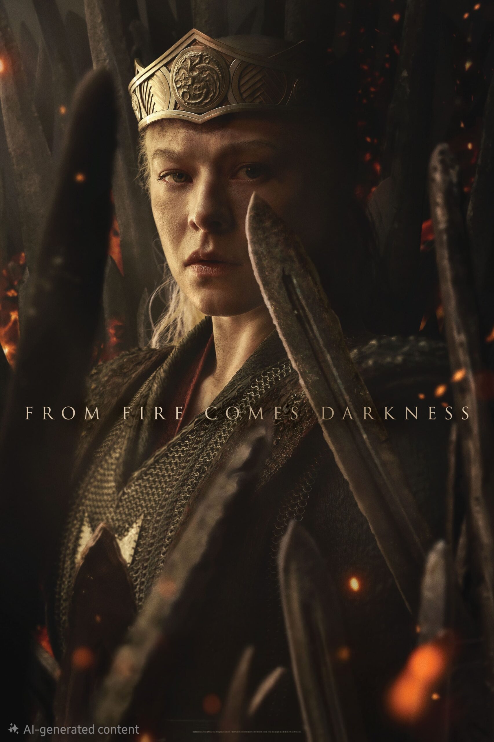 A woman wearing a golden crown and medieval armor sits on a throne made of swords, surrounded by dark shadows and glowing embers. Text across the image reads, FROM FIRE COMES DARKNESS—an epic scene fit for any IPTV Latino fantasy lineup.