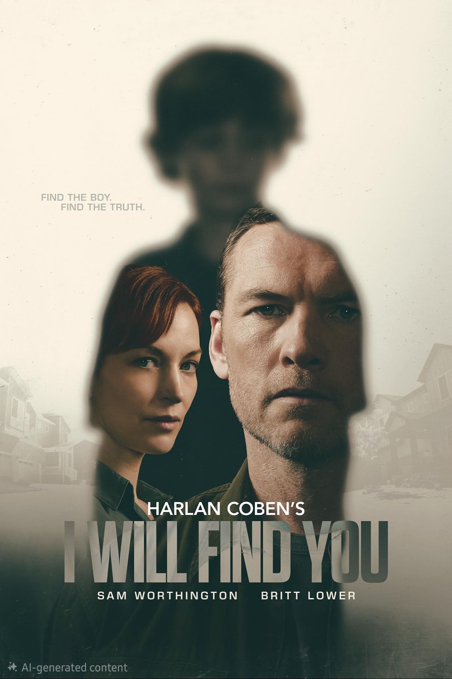 A poster for Harlan Coben's I Will Find You, now streaming on IPTV Latino, shows two serious adults and a blurred image of a boy above them. The tagline reads, Find the boy. Find the truth. The cast names are listed below.