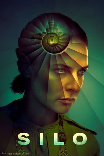 A woman’s face is overlaid with a spiral staircase and rays of light radiating from her head. The word SILO and IPTV Latino appear at the bottom. The image has a dramatic, mysterious atmosphere with green and yellow tones.