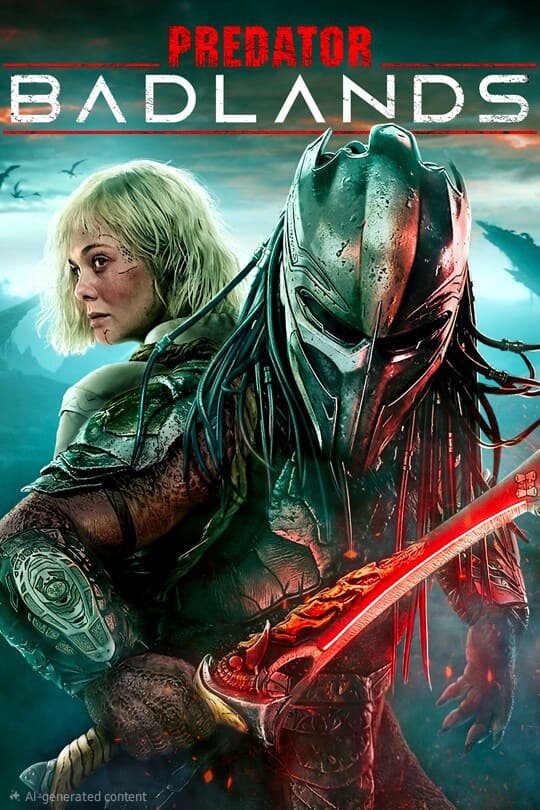 A blonde woman stands back-to-back with a menacing, armored Predator wielding a red-bladed weapon. Snowy mountains are in the background, and the title Predator: Badlands streams above them like an IPTV Latino channel.