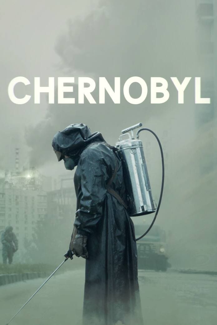 A person in protective gear and a gas mask stands in a foggy, deserted urban area with CHERNOBYL and IPTV Latino in large letters above. The figure holds a metal canister and spray wand. Buildings and smoke loom in the background.