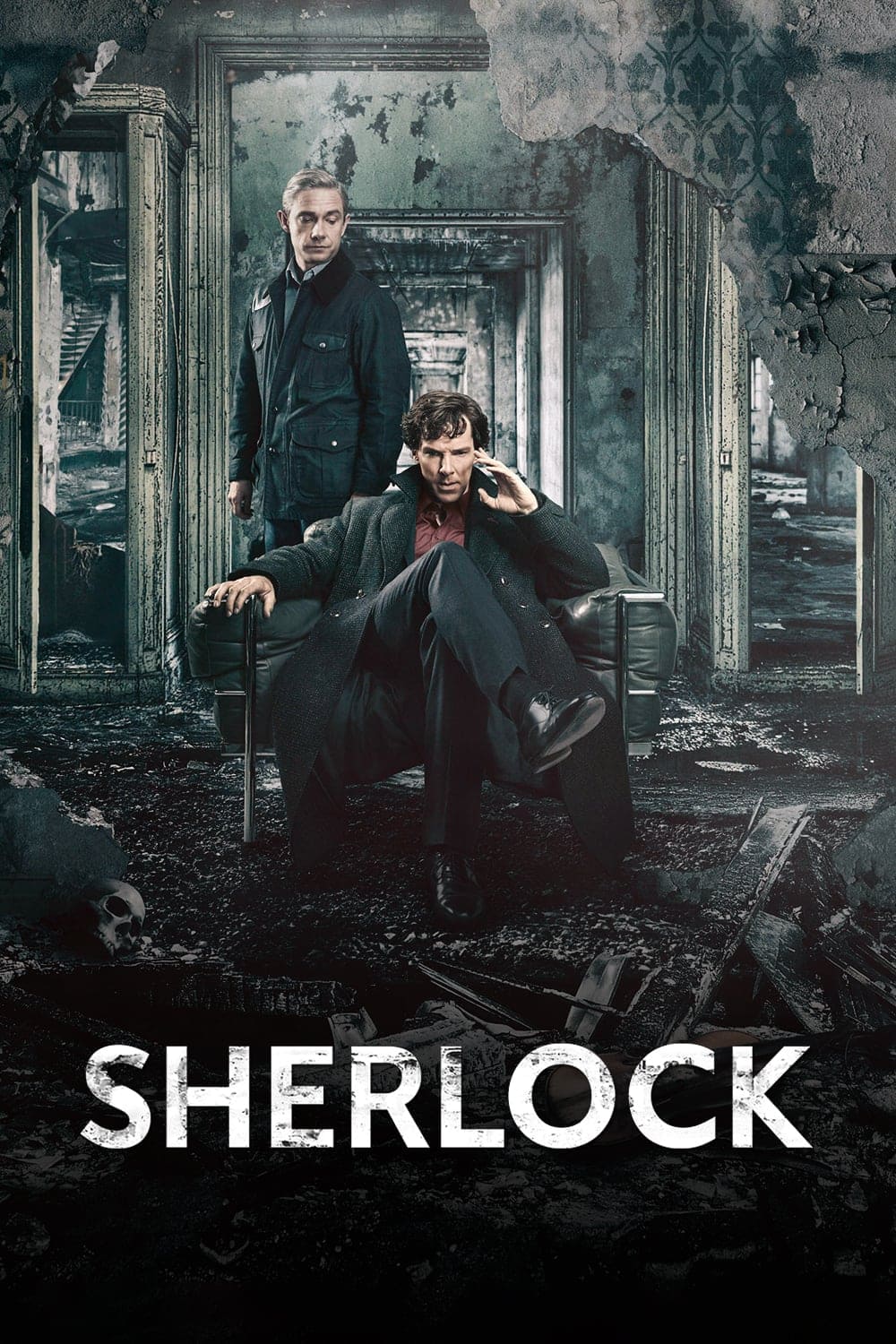 Two men, one sitting confidently in a chair and the other standing behind him, are in a dilapidated room with debris and peeling wallpaper. The word Sherlock and an IPTV Latino logo are boldly displayed at the bottom.