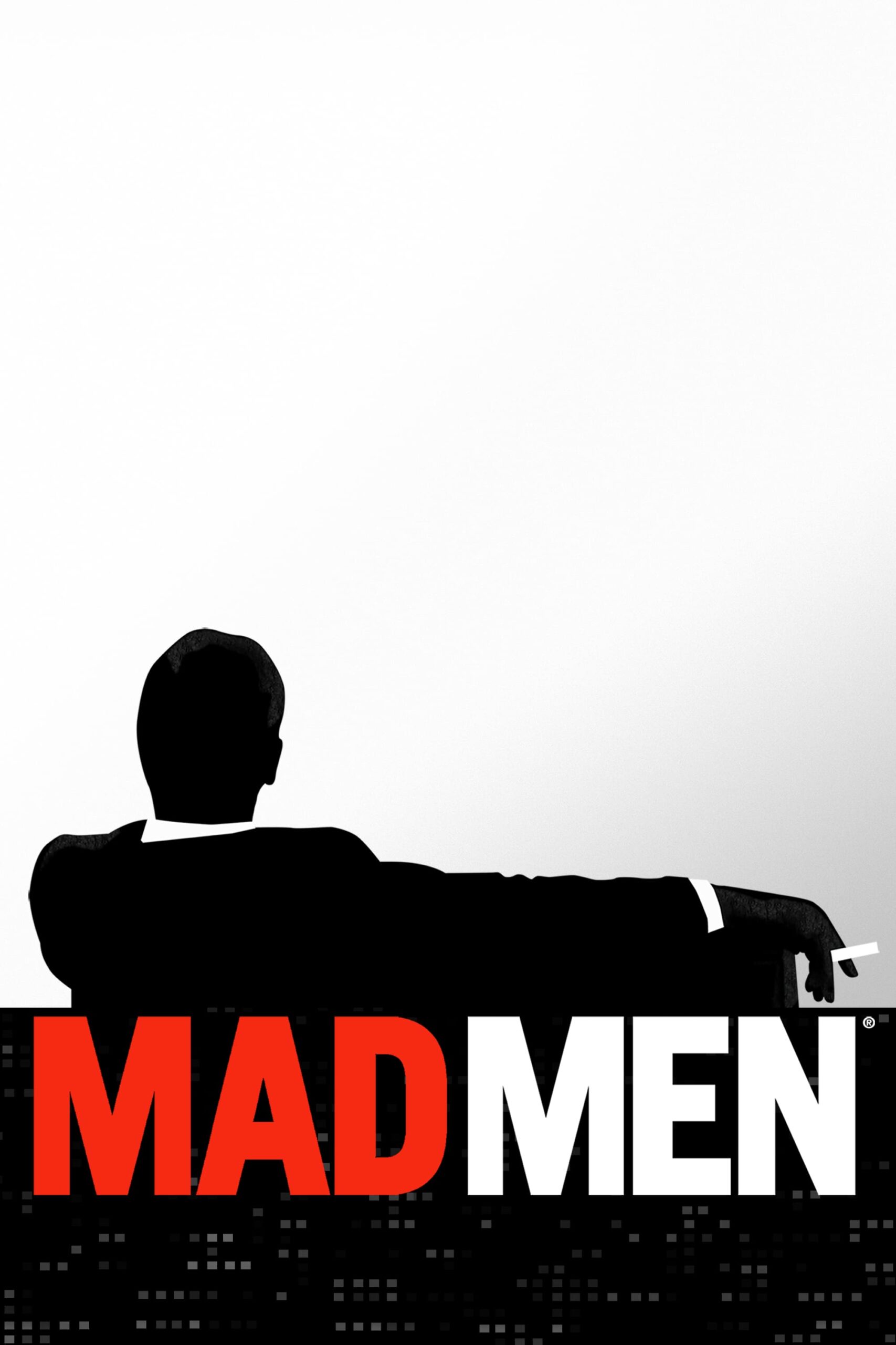 A silhouette of a man in a suit sits with one arm draped over the back of a couch, holding a cigarette. The large title MAD MEN is displayed below in bold red and white letters, highlighting its appeal on IPTV Latino.