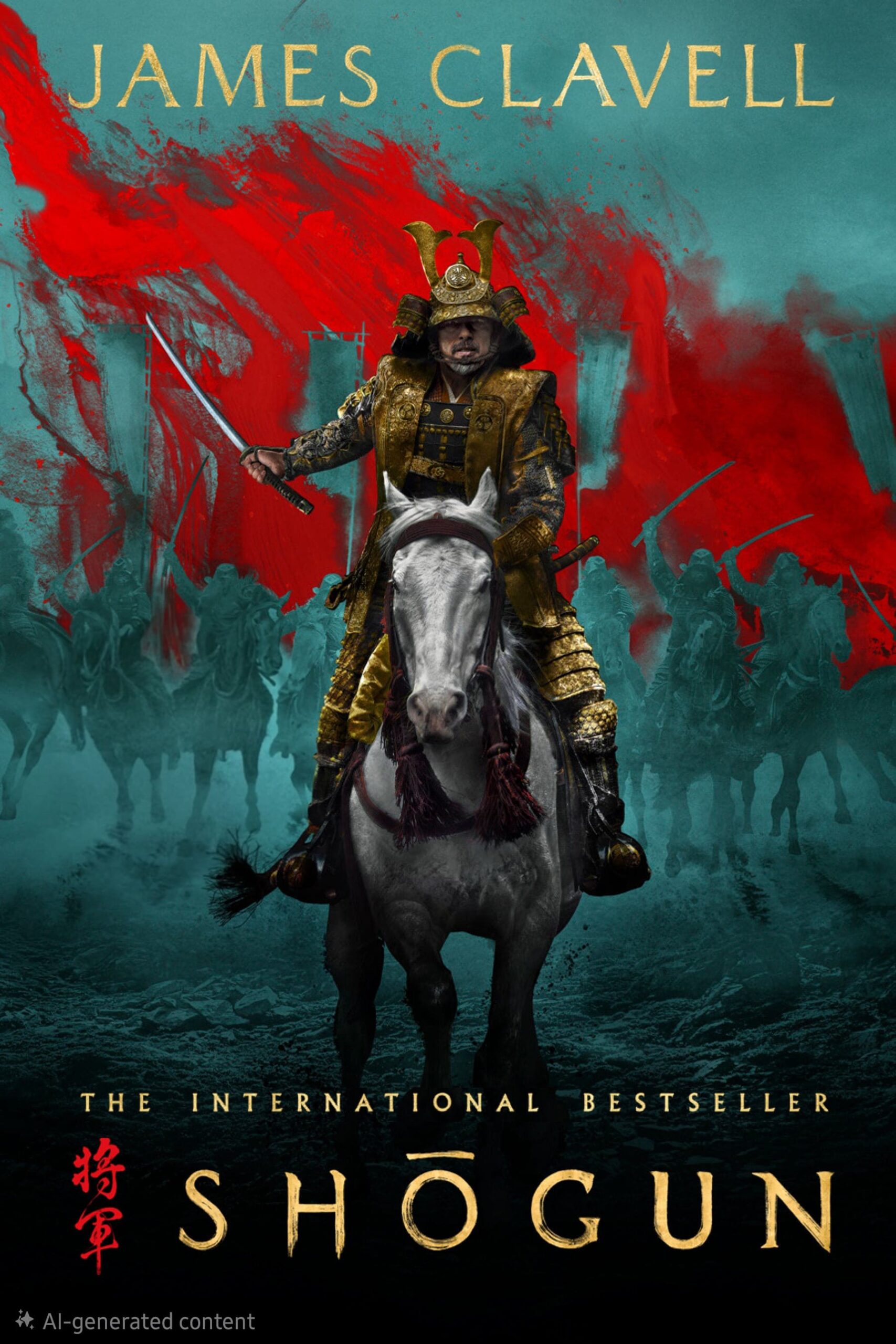 A samurai in ornate armor and a red helmet rides a white horse, holding a sword, with warriors on horseback and bold red brushstrokes in the background. The text reads James Clavell: Shogun. IPTV Latino. The International Bestseller.