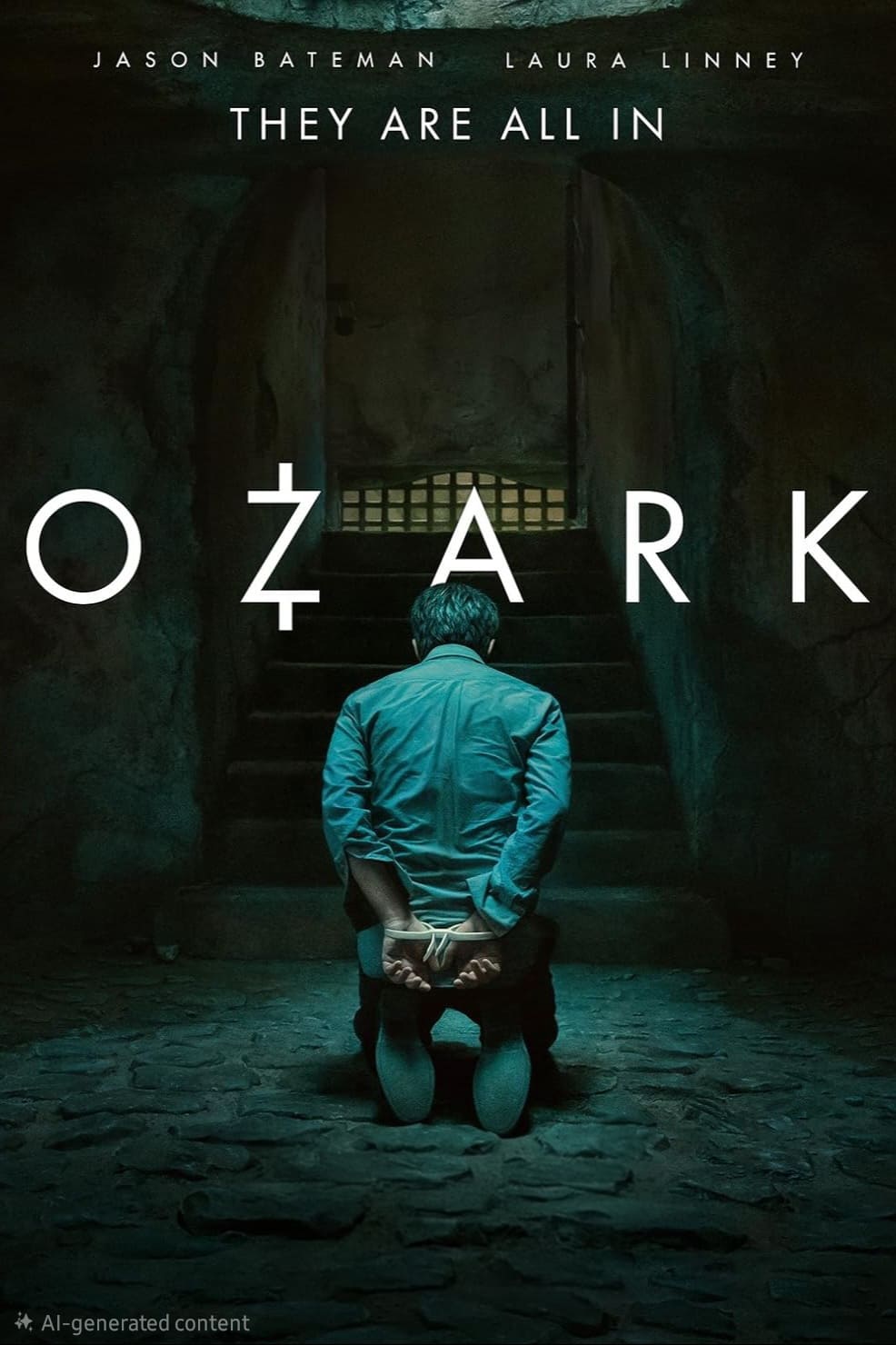 A man kneels with hands tied behind his back in a dim, stone-walled room. The word OZARK is displayed in large letters, with THEY ARE ALL IN above—plus Jason Bateman, Laura Linney, and the IPTV Latino logo at the top.