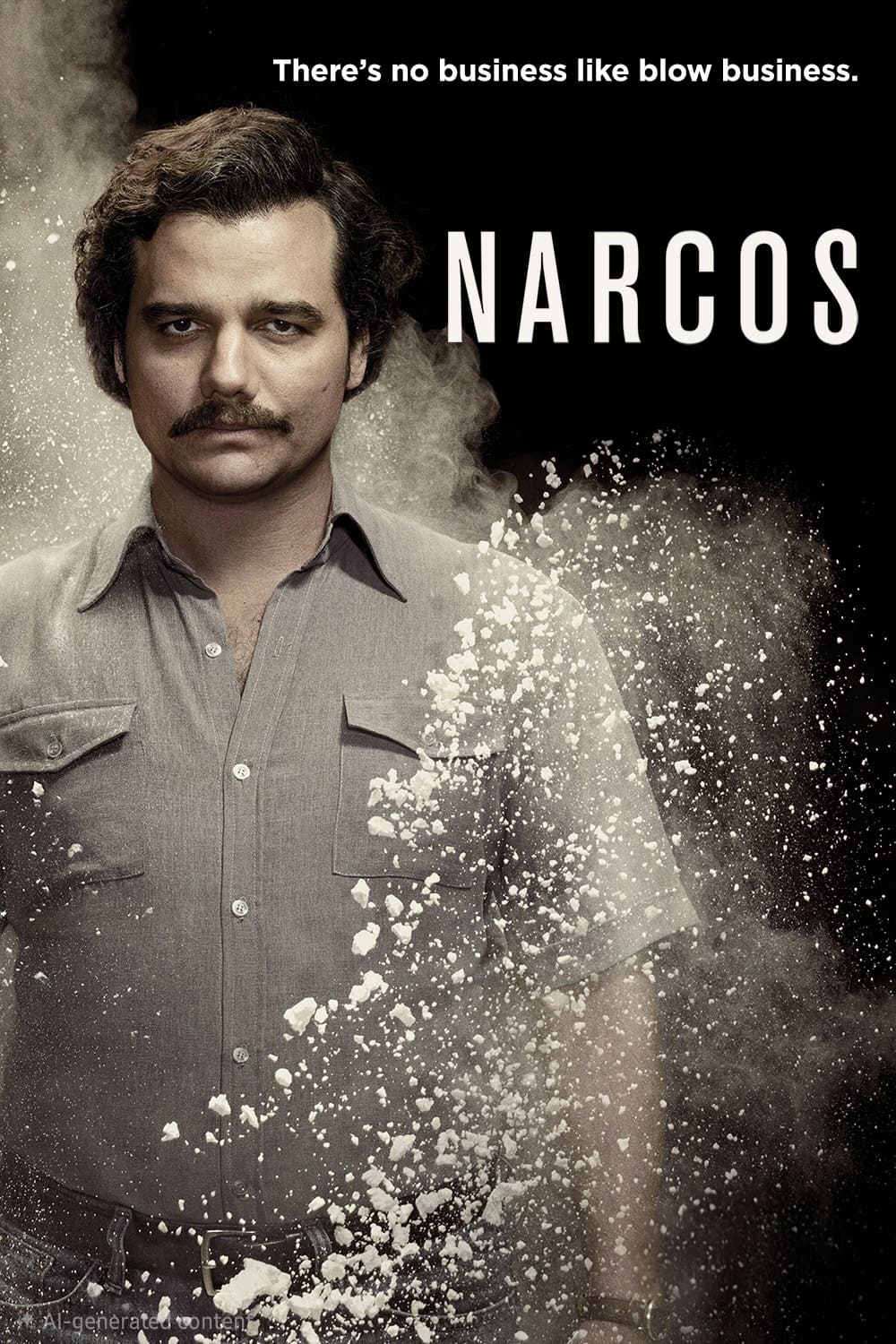 A serious man with a mustache stands against a black background, white powder exploding around him. Text above reads, There's no business like blow business. Title Narcos and IPTV Latino appear on the right.