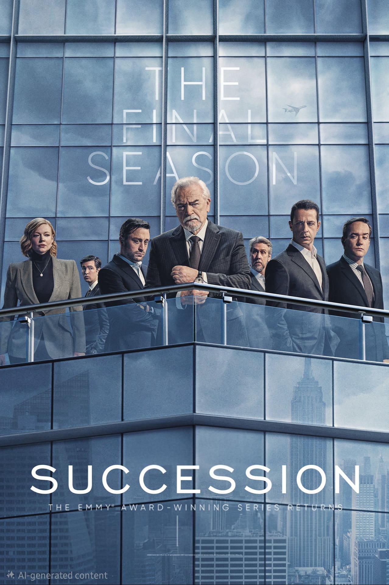 A group of seven serious-looking people in business attire stand on a modern office balcony. The text reads The Final Season and Succession, with IPTV Latino featured against a backdrop of glass skyscrapers and a cloudy sky.
