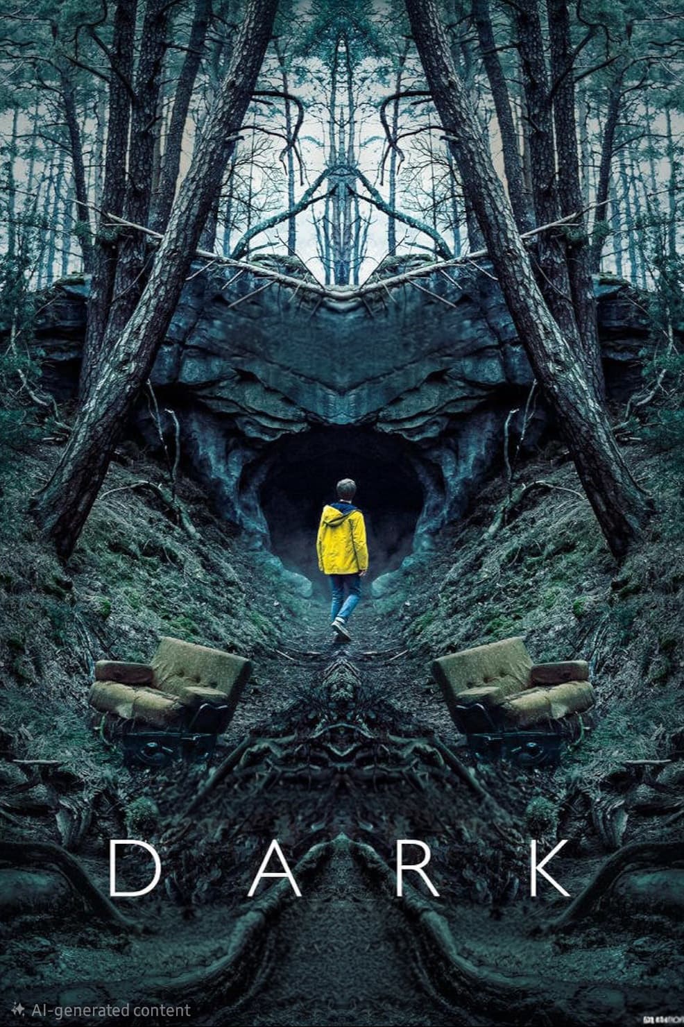 A person in a yellow raincoat stands at the entrance of a dark forest cave, surrounded by trees and old couches, with the word DARK in large letters at the bottom, hinting at a mysterious IPTV Latino connection.
