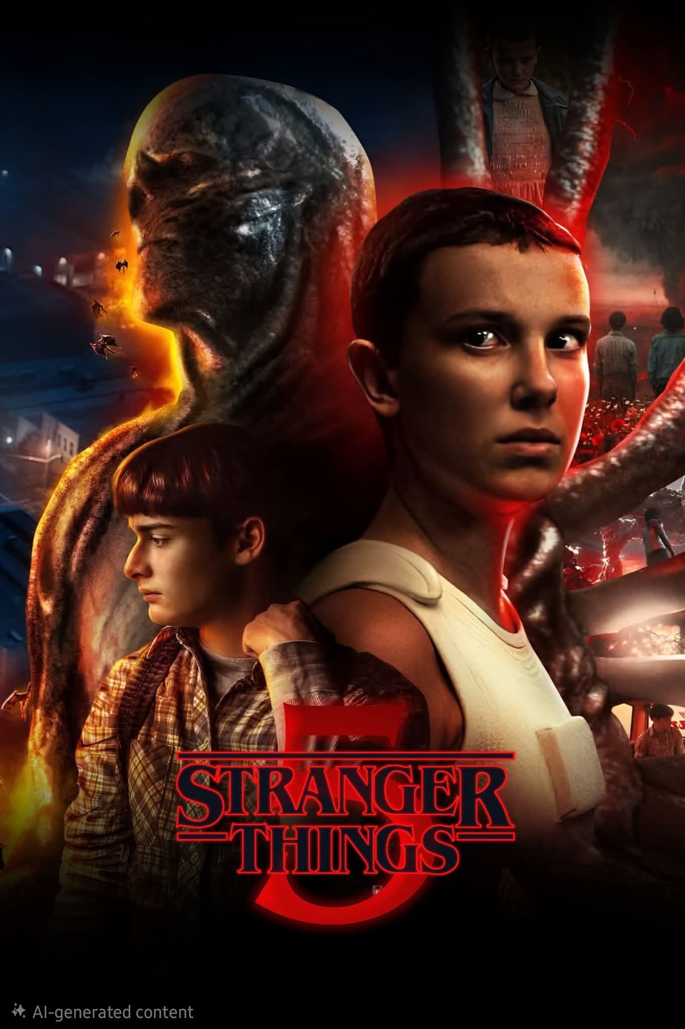 Poster for Stranger Things: A girl with short hair stands in front, a teenage boy is beside her, and a dark, monstrous figure with red glowing tendrils looms behind—all brought to you on IPTV Latino. The show's title appears at the bottom.