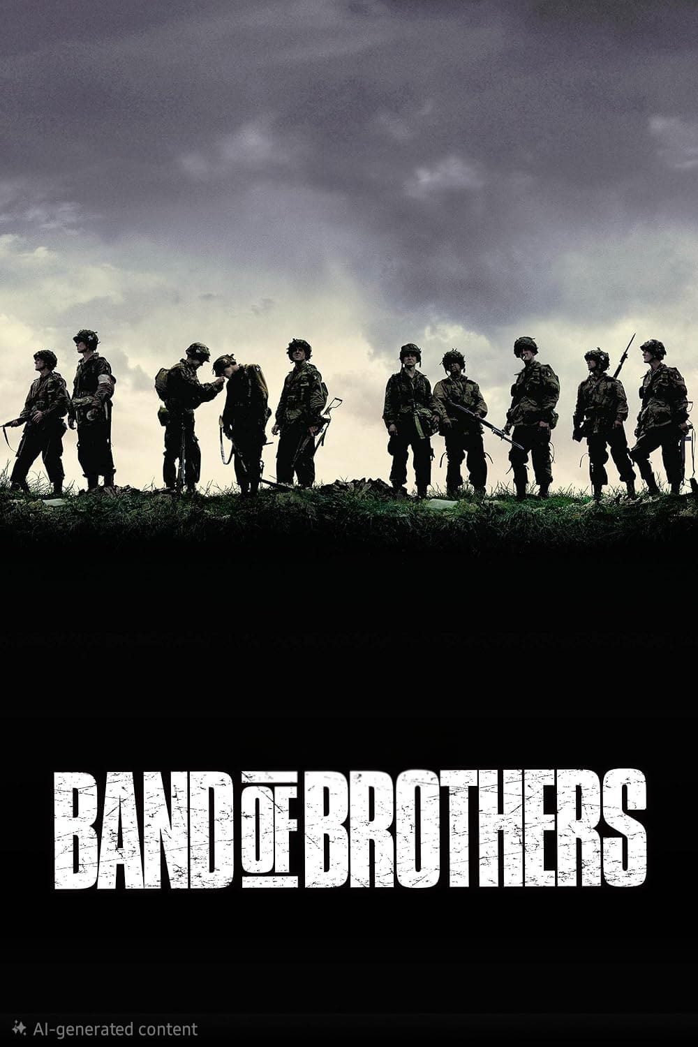 Silhouetted soldiers stand in a line on a grassy hill under a cloudy sky. Below them, bold white text reads Band of Brothers against a black background, now streaming on IPTV Latino.