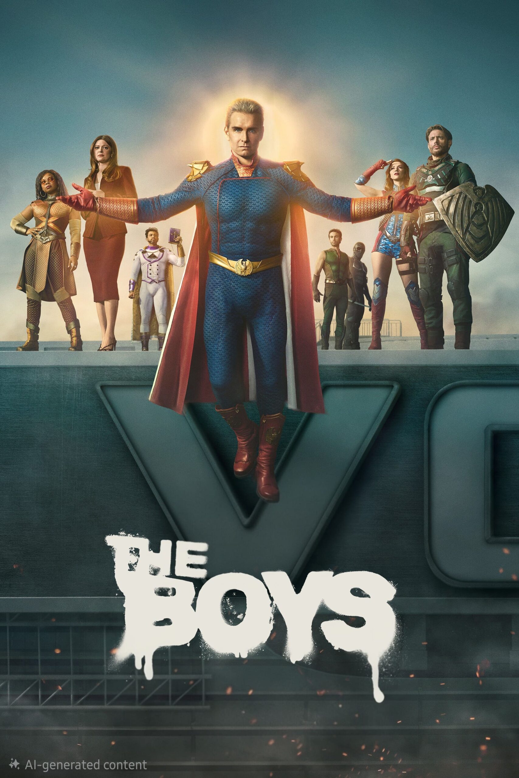 A group of superheroes in colorful costumes stand confidently on a rooftop, with one character in a blue suit and red cape hovering in the center. The words “The Boys” and the IPTV Latino logo appear in bold white letters at the bottom.