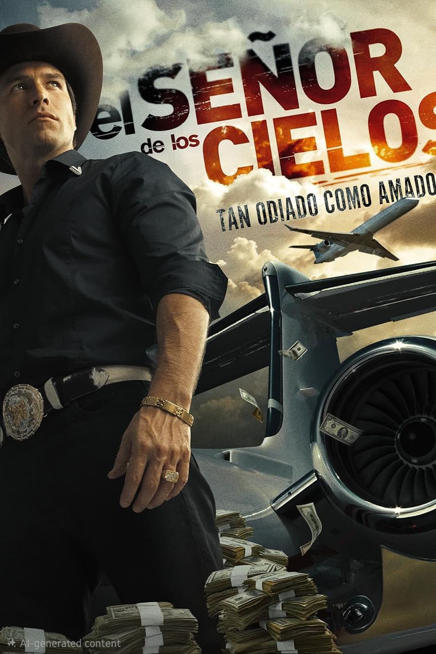 A man in a cowboy hat and black shirt stands confidently beside a jet engine, with stacks of money on the ground. Airplanes fly overhead and the Spanish text El Señor de los Cielos and IPTV Latino appear in large letters in the sky.