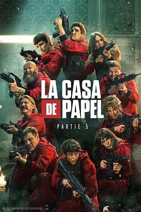 Poster for La Casa de Papel Part 5 featuring eleven characters in red jumpsuits holding guns, posed together with determined expressions; the show's title and an IPTV Latino logo are prominent in the center.