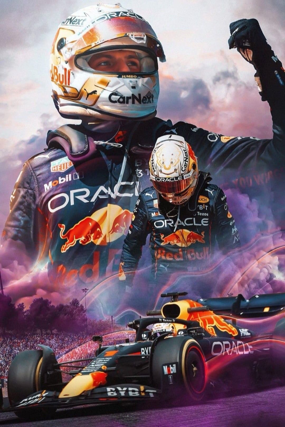 A dramatic montage of a Formula 1 driver in a Red Bull Racing suit and helmet, celebrating with a raised fist, layered with an image of him inside the car and a Red Bull F1 car racing through purple smoke, enhanced by bold IPTV Latino graphics.