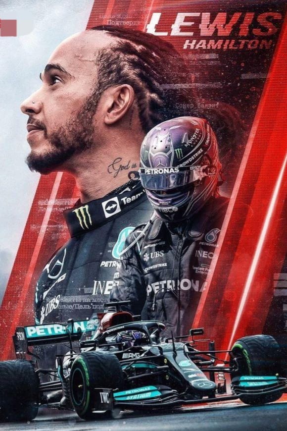 Portrait collage featuring a Formula 1 driver in racing gear, a close-up profile of him, his race car, and the name Lewis Hamilton in bold red text, all set against dynamic red and gray IPTV Latino-inspired backgrounds.