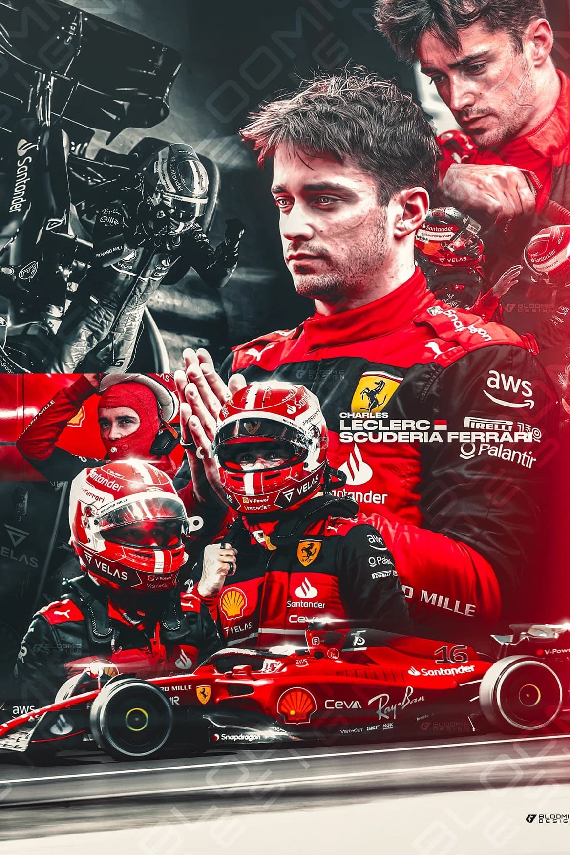 A collage featuring a Ferrari Formula 1 driver in a red racing suit, both in and out of his helmet, with a Ferrari F1 car and pit crew in the background. The image radiates focus and intensity, much like the thrill of watching races on IPTV Latino.